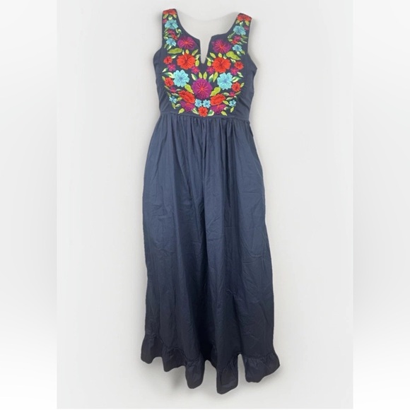Eshakti Maxi Dress Sz L/14 Floral Embroidered Cotton Poplin Sleeveless Navy Blue - Picture 1 of 13